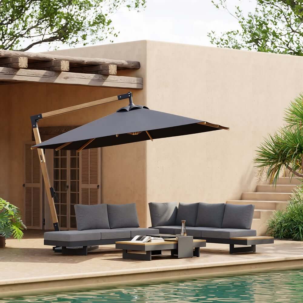 Gray and White Cantilever Patio Umbrella with 360° Rotation