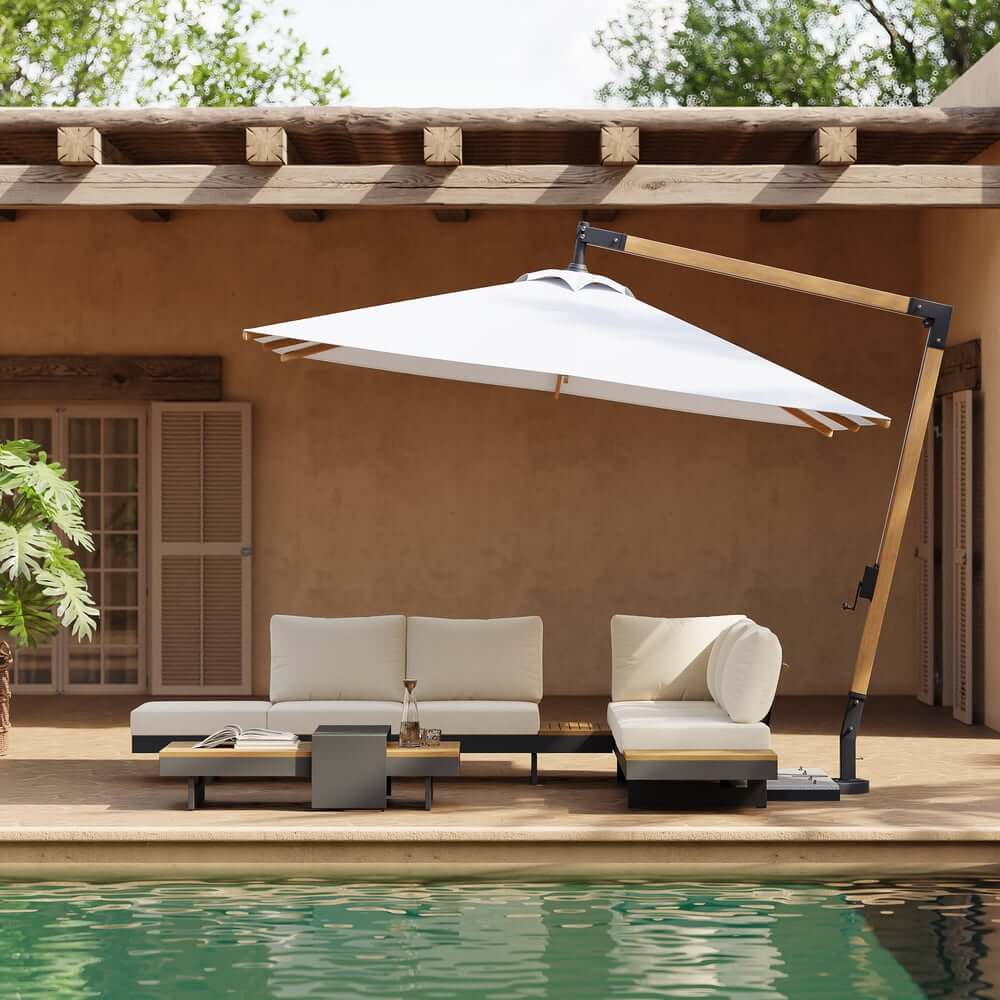 Gray and White Cantilever Patio Umbrella with 360° Rotation