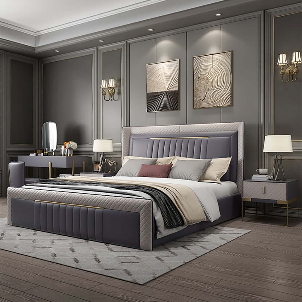 Gray Faux Leather Platform Bed With Diamond Headboard
