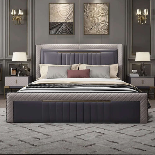 Gray Faux Leather Platform Bed With Diamond Headboard