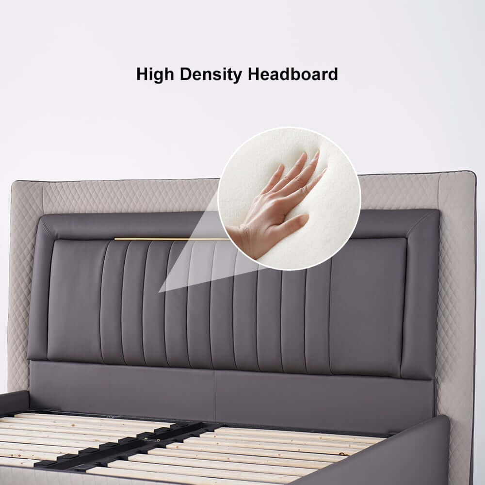 Gray Faux Leather Platform Bed With Diamond Headboard