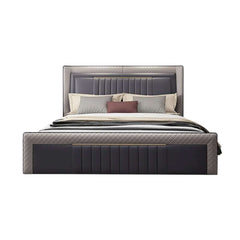Gray Faux Leather Platform Bed With Diamond Headboard