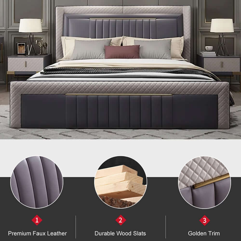 Gray Faux Leather Platform Bed With Diamond Headboard