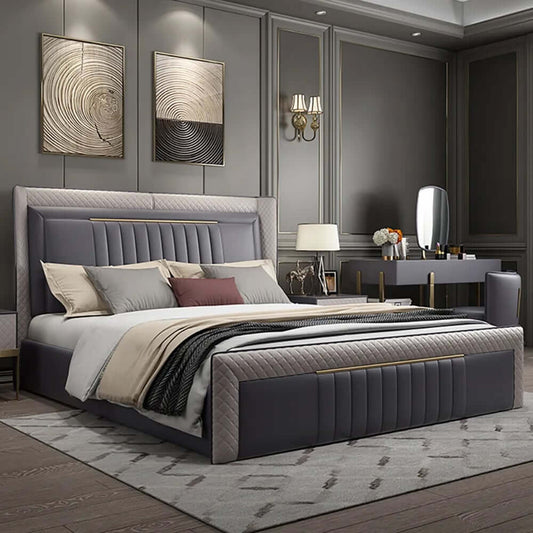 Gray Faux Leather Platform Bed With Diamond Headboard Main Product Image