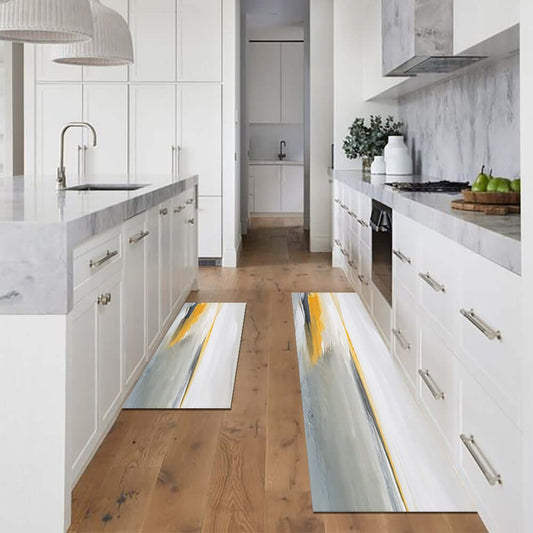 Gray & Yellow Abstract PVC Kitchen Rug Set - Modern Runner Design