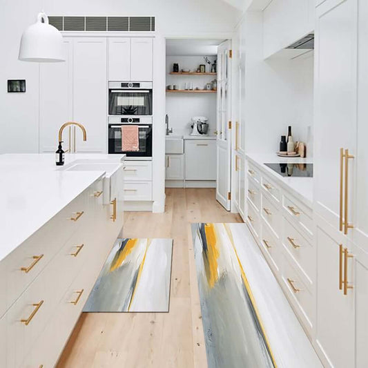 Gray & Yellow Abstract PVC Kitchen Rug Set - Modern Runner Design Main Product Image