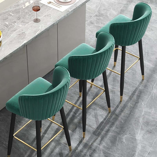 Green Velvet Bar Stool With Gold Metal Legs And Footrest