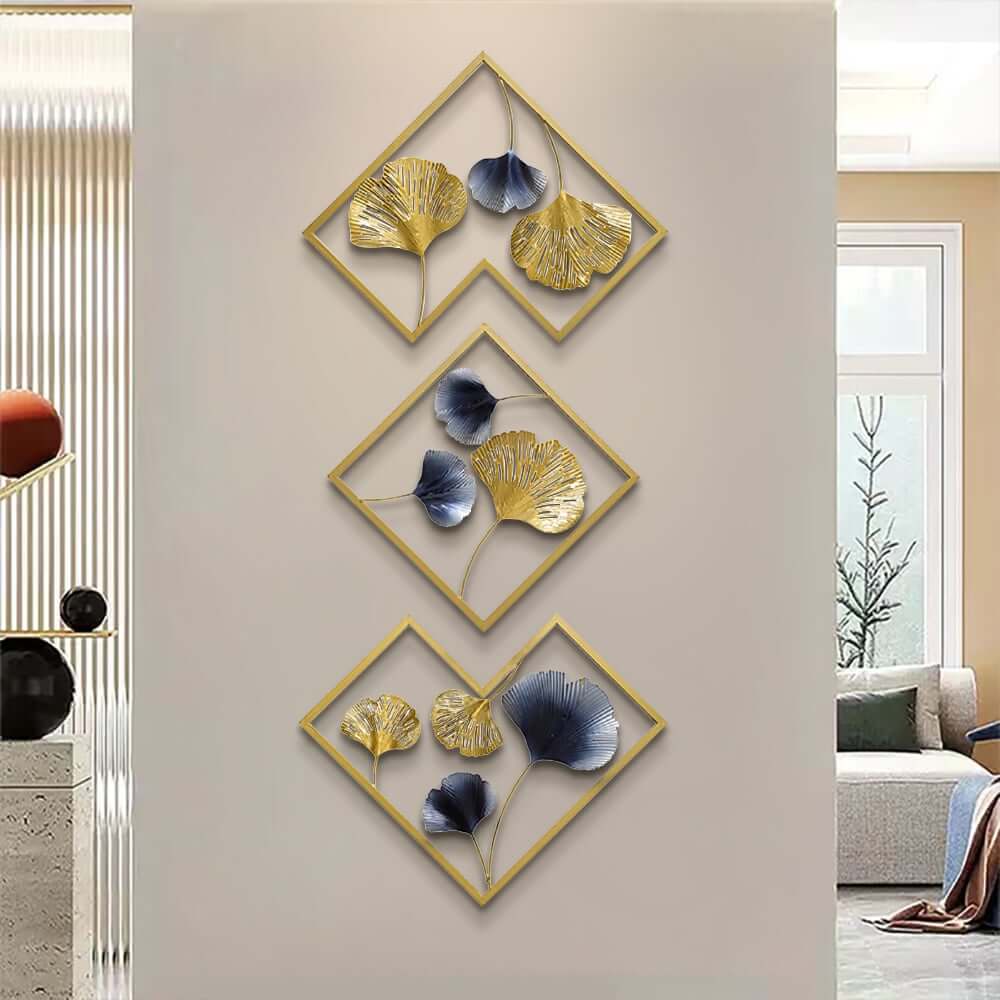 Handmade Metal Wall Art Set with Geometric Frames and Ginkgo Leaves