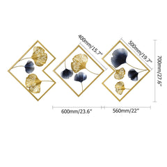 Handmade Metal Wall Art Set with Geometric Frames and Ginkgo Leaves Dimensions