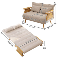 Hompkin 3-in-1 Cotton-Linen Folding Sofa Bed with Light Wood Accents