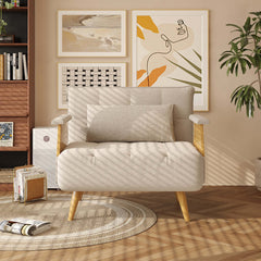 Hompkin 3-in-1 Cotton-Linen Folding Sofa Bed with Light Wood Accents