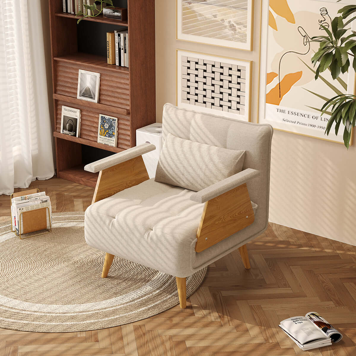 Hompkin 3-in-1 Cotton-Linen Folding Sofa Bed with Light Wood Accents