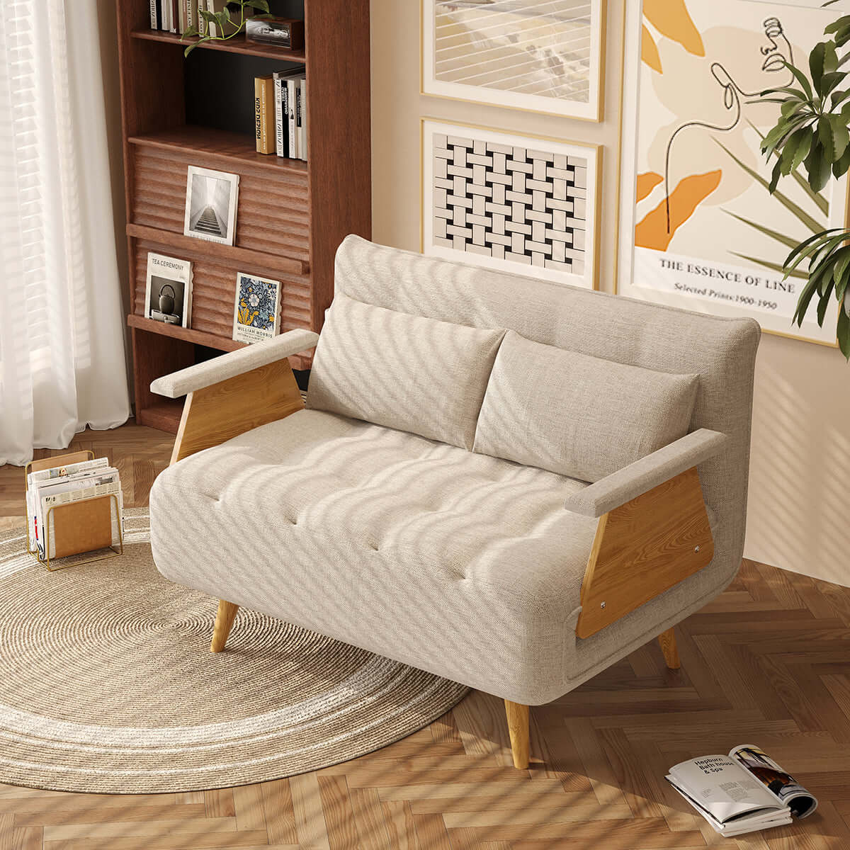 Hompkin 3-in-1 Cotton-Linen Folding Sofa Bed with Light Wood Accents