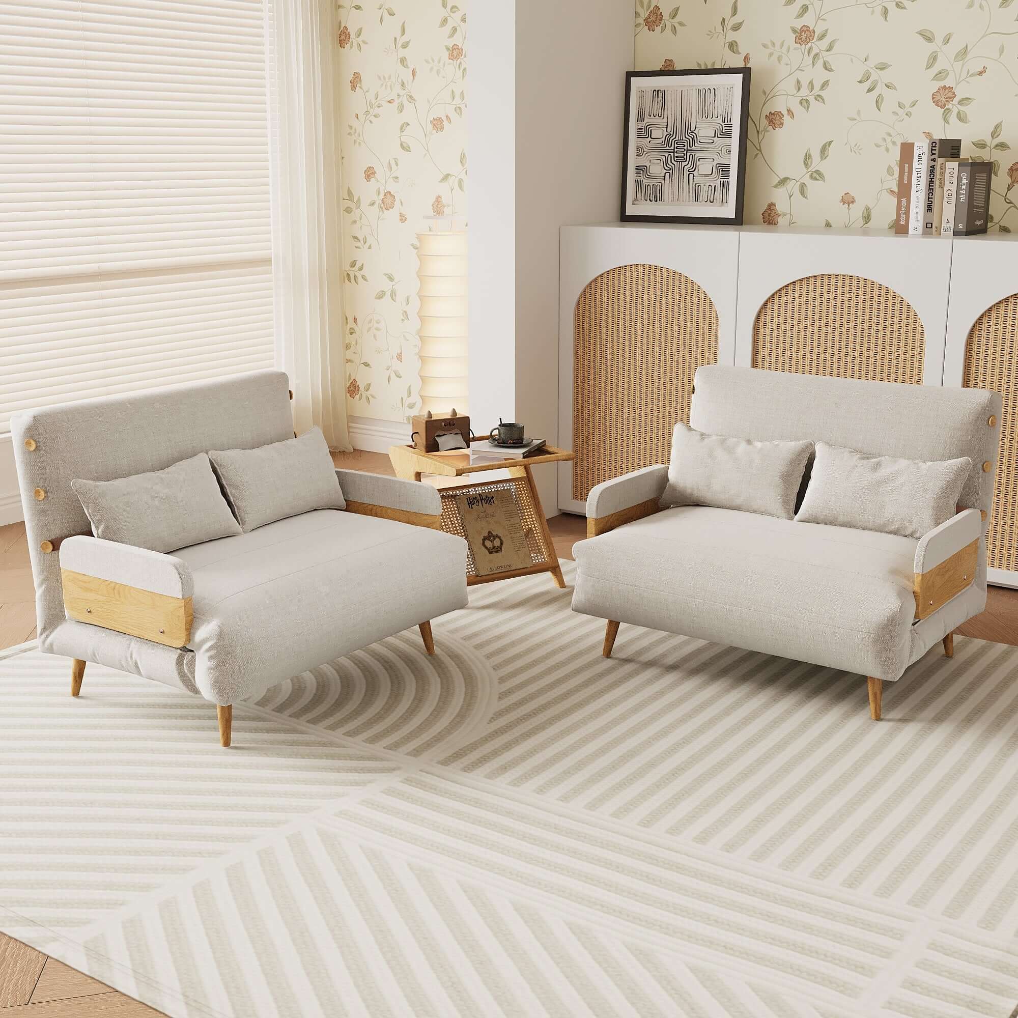 Hompkin 3-in-1 Linen & Chenille Folding Sofa Bed with Solid Wood Frame