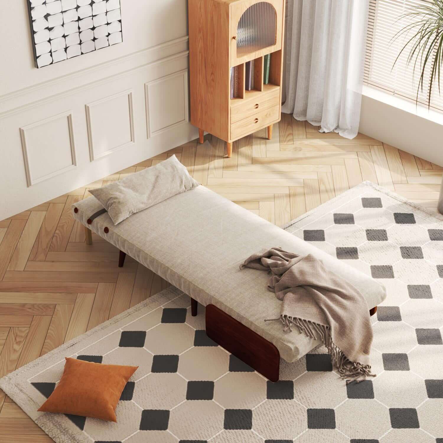 Hompkin 3-in-1 Linen & Chenille Folding Sofa Bed with Solid Wood Frame