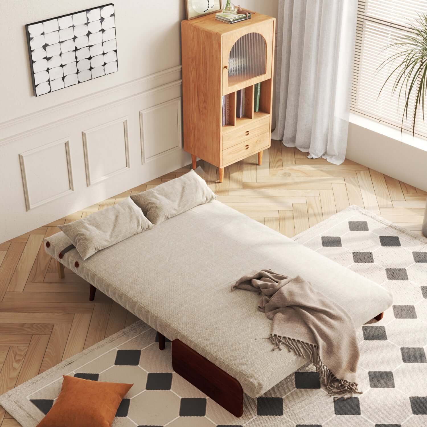 Hompkin 3-in-1 Linen & Chenille Folding Sofa Bed with Solid Wood Frame