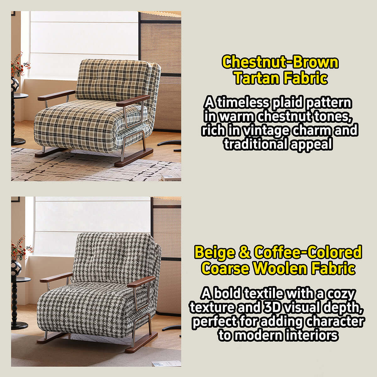 Hompkin 4-in-1 Mid-Century Modern Tartan Sleeper Chair with Steel Frame