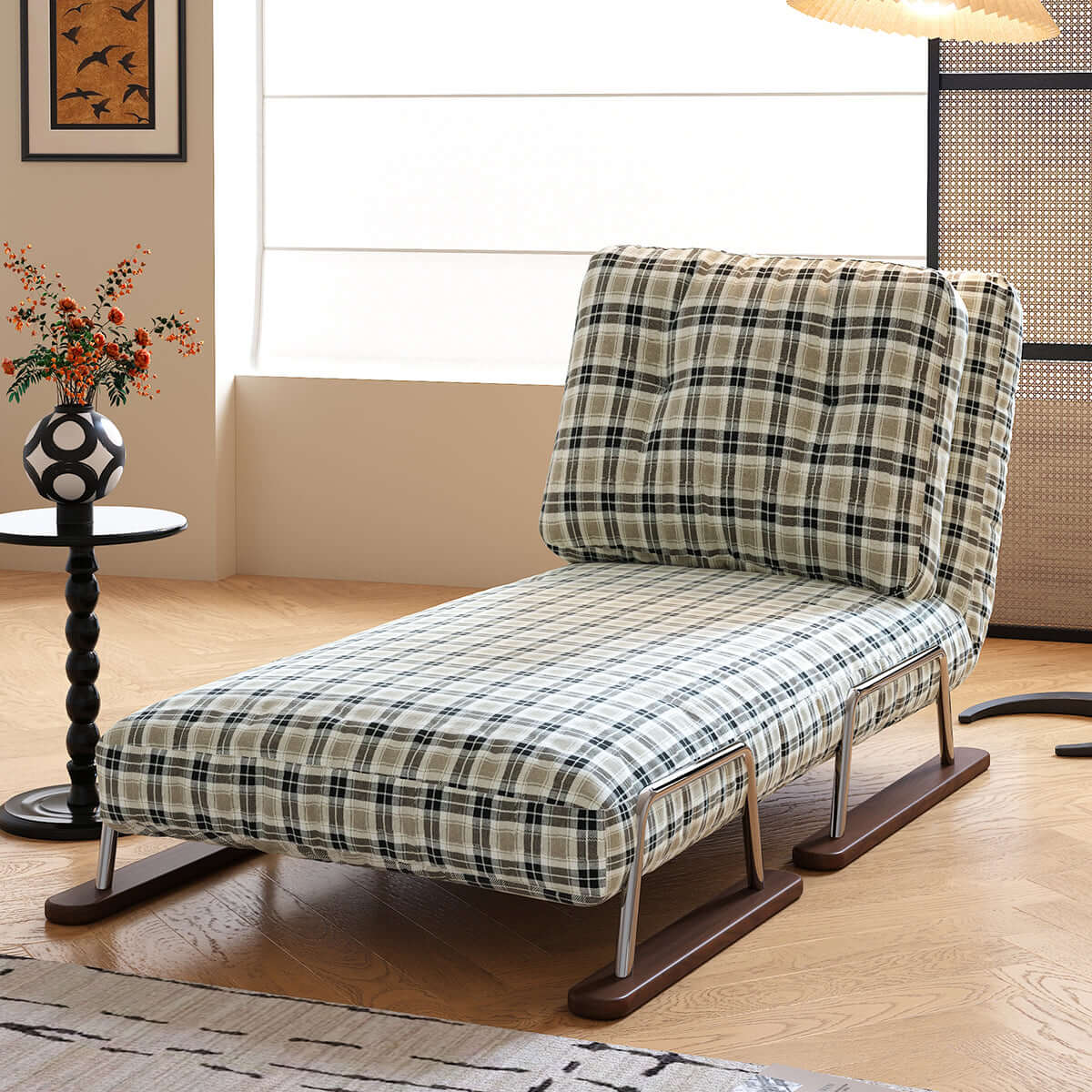 Hompkin 4-in-1 Mid-Century Modern Tartan Sleeper Chair with Steel Frame