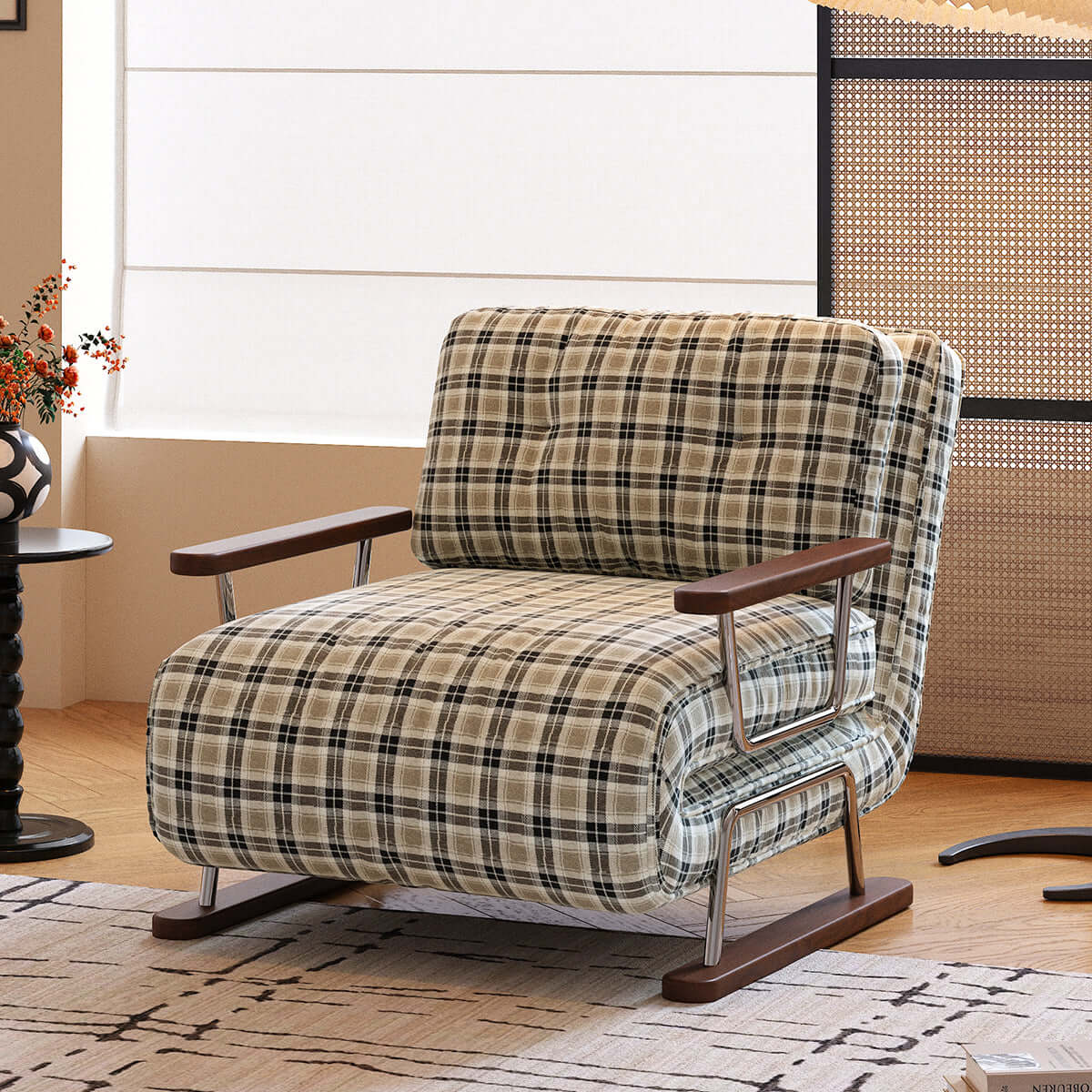 Hompkin 4-in-1 Mid-Century Modern Tartan Sleeper Chair with Steel Frame Main Product Image