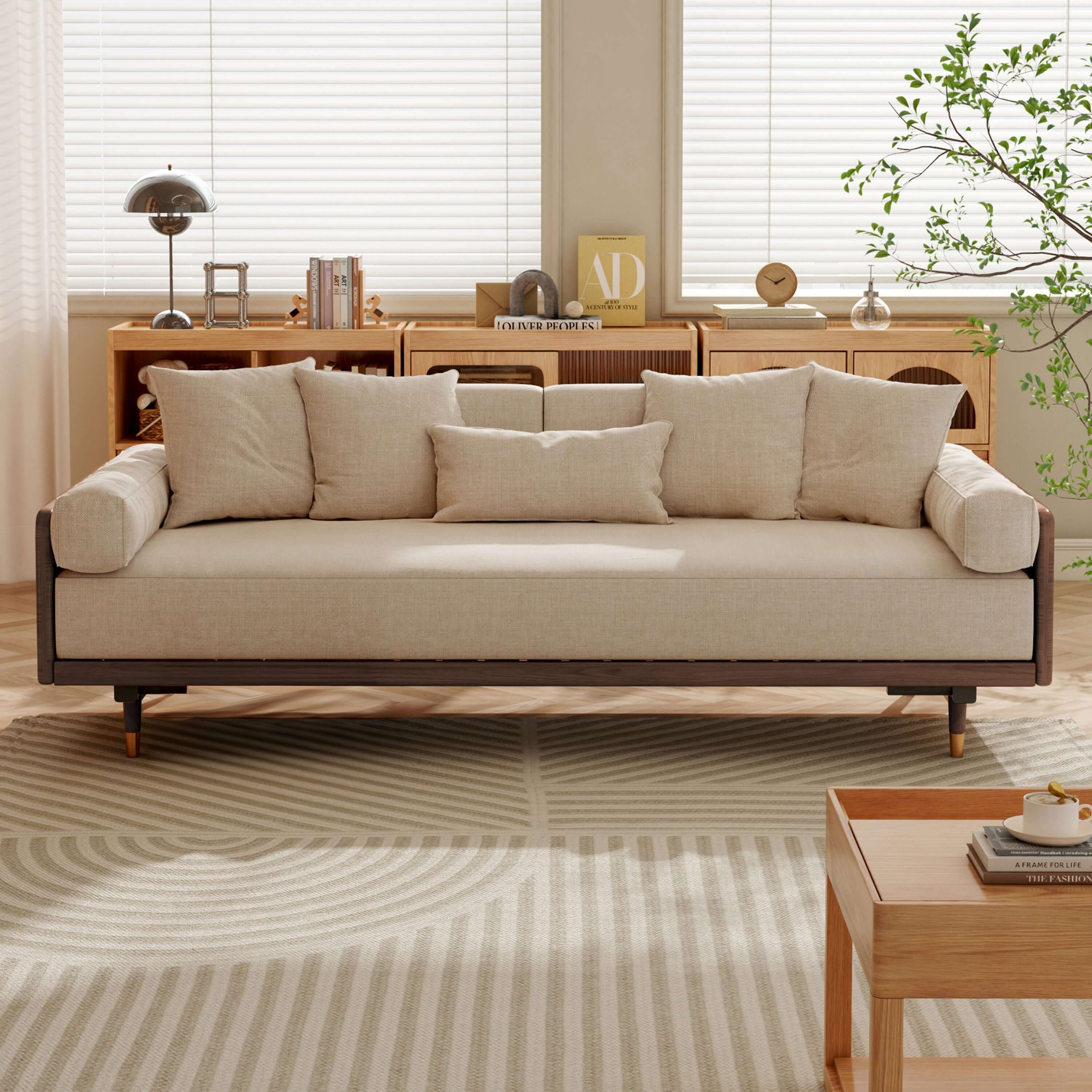 Hompkin 82.68" Modern Japandi Solid Wood Retractable Sofa Bed
