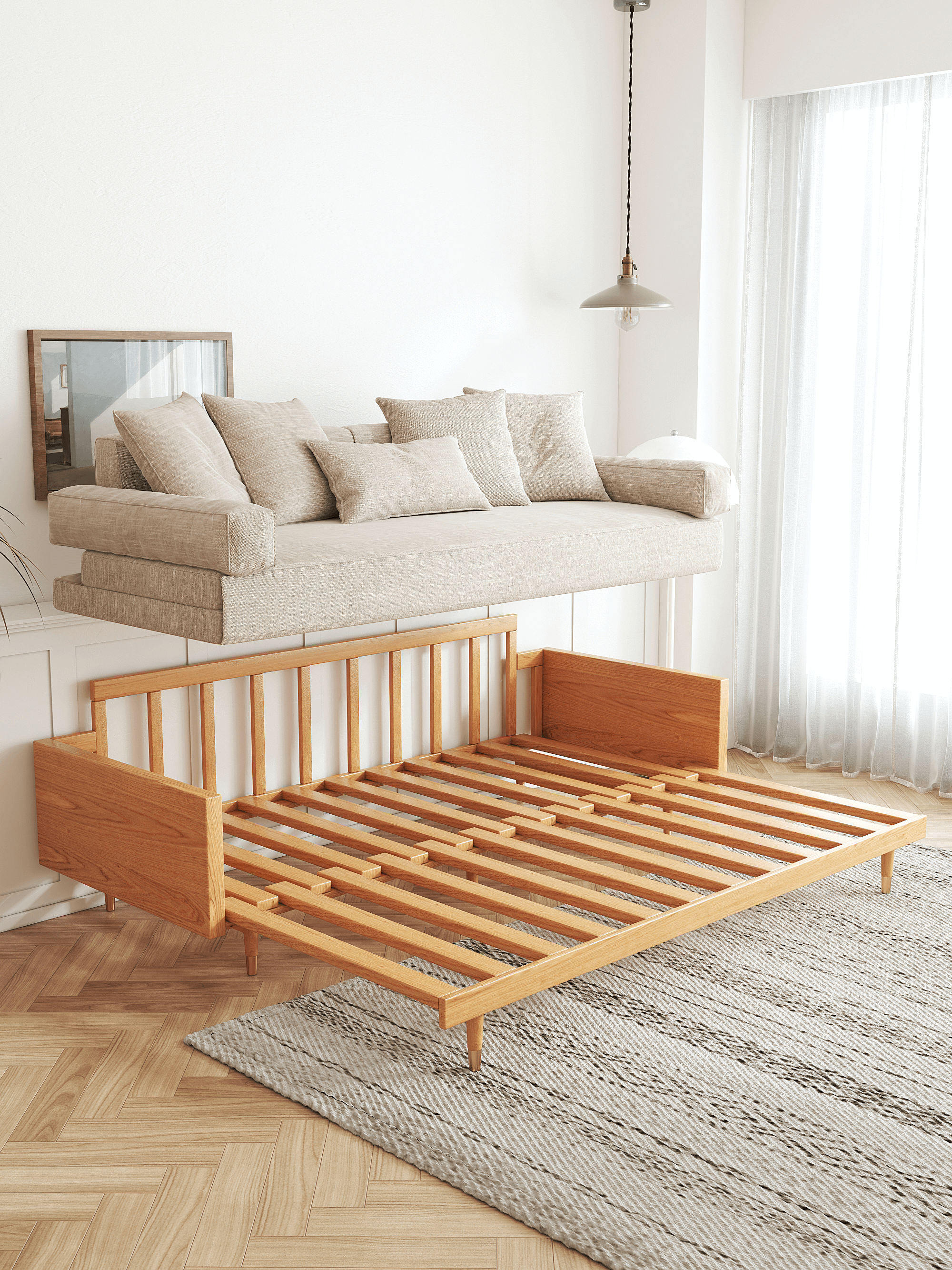 Hompkin 82.68" Modern Japandi Solid Wood Retractable Sofa Bed