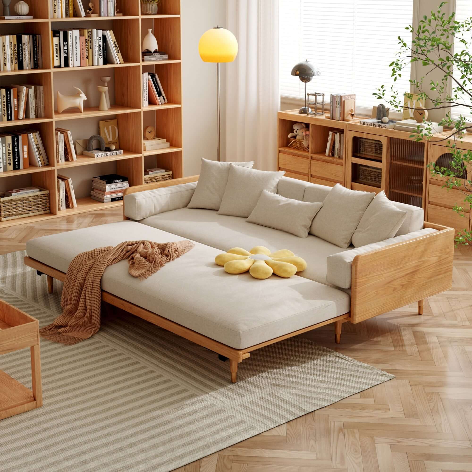 Hompkin 82.68" Modern Japandi Solid Wood Retractable Sofa Bed Main Product Image