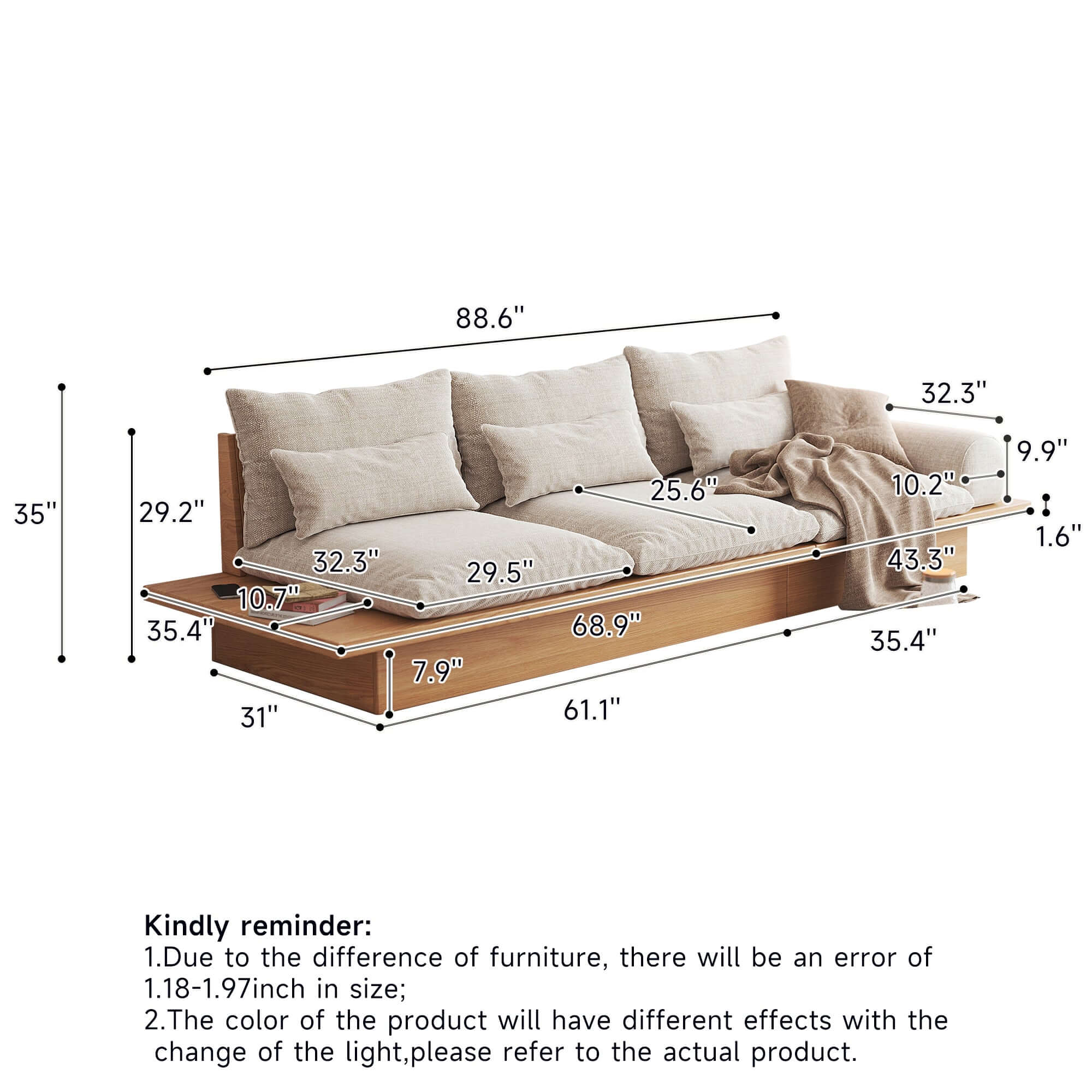 Hompkin Beige Cotton Linen 1-3 Seat Sofa with Wooden Frame and Underseat Storage