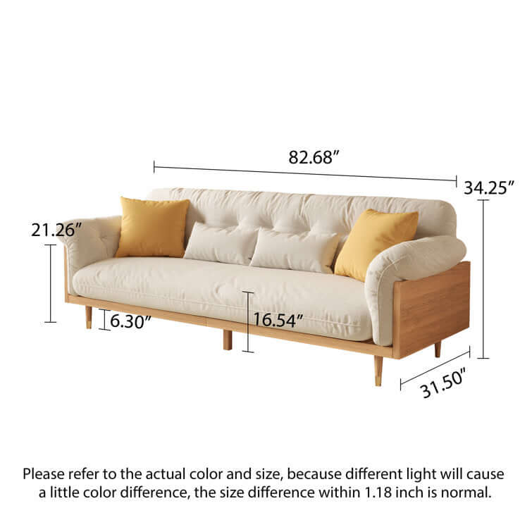 Hompkin Beige Cotton-Linen 3-Seat Sofa with Tufted Back and Solid Wood Frame