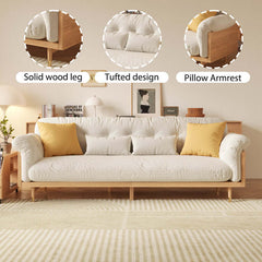 Hompkin Beige Cotton-Linen 3-Seat Sofa with Tufted Back and Solid Wood Frame