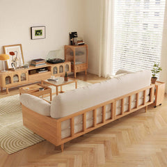 Hompkin Beige Cotton-Linen 3-Seat Sofa with Tufted Back and Solid Wood Frame