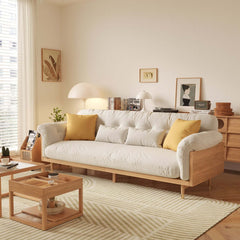 Hompkin Beige Cotton-Linen 3-Seat Sofa with Tufted Back and Solid Wood Frame