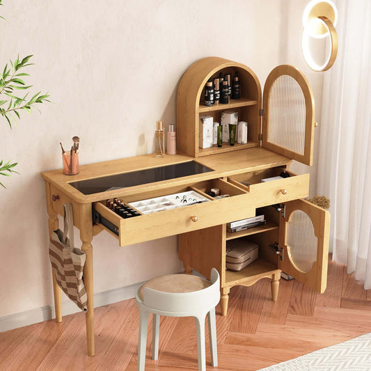 Hompkin Burlywood Modern Makeup Vanity Table with Glass Storage Cabinets