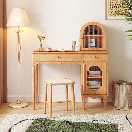 Hompkin Burlywood Modern Makeup Vanity Table with Glass Storage Cabinets Main Product Image