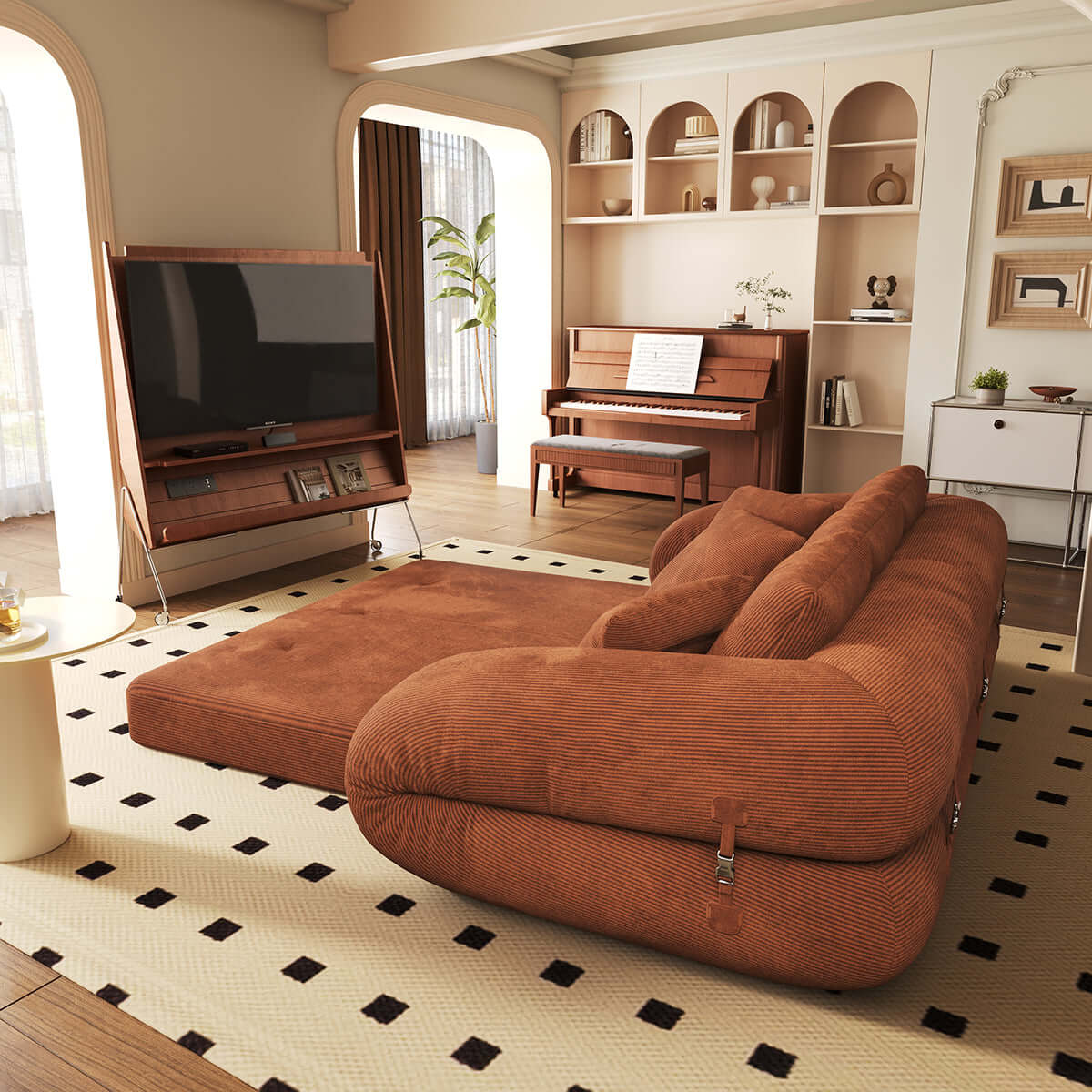 Hompkin Corduroy 3-in-1 Convertible Sofa Bed with Button-Tufted Back