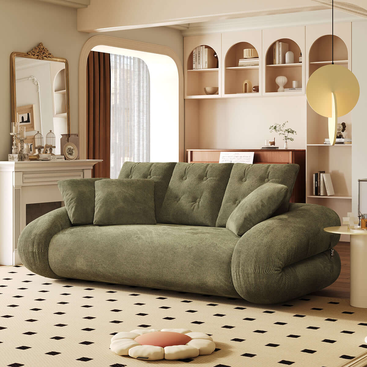 Hompkin Corduroy 3-in-1 Convertible Sofa Bed with Button-Tufted Back