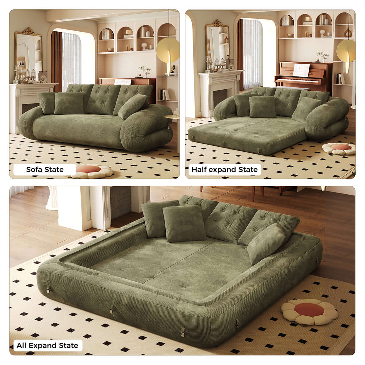 Hompkin Corduroy 3-in-1 Convertible Sofa Bed with Button-Tufted Back