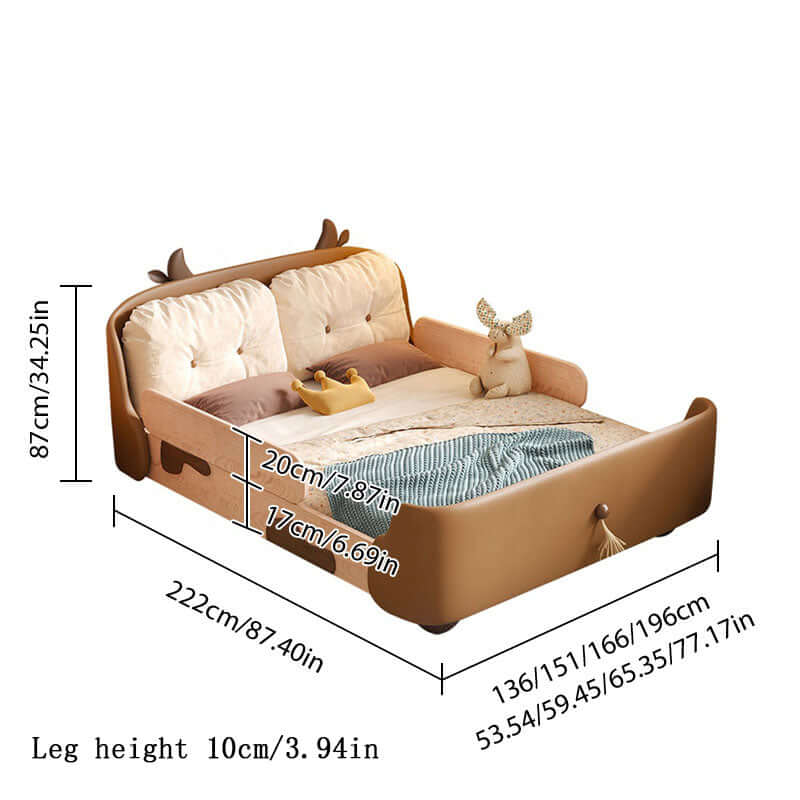 Hompkin Cow-Themed Wooden Kids Bed with Leather Softening and Removable Rails