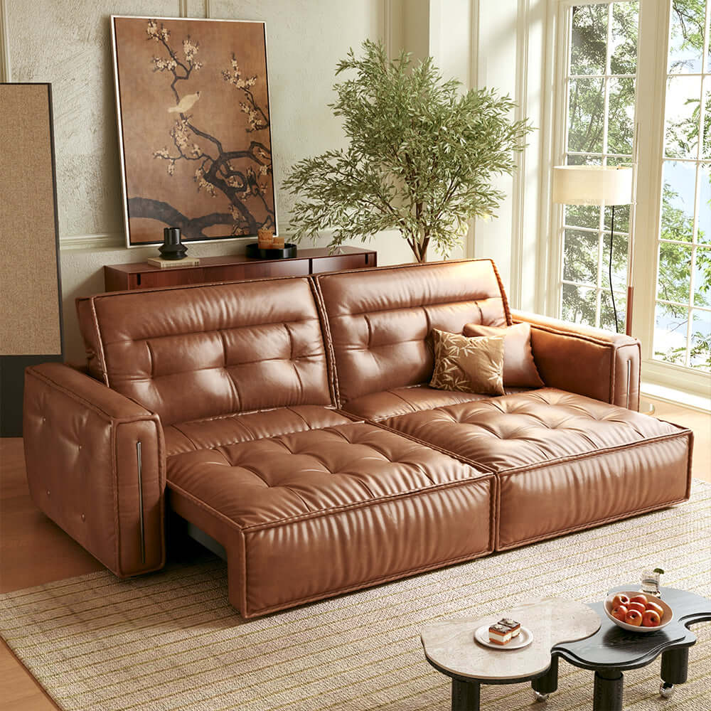 Hompkin Electric Leather Sofa Bed with Vintage Tufted Design Main Product Image