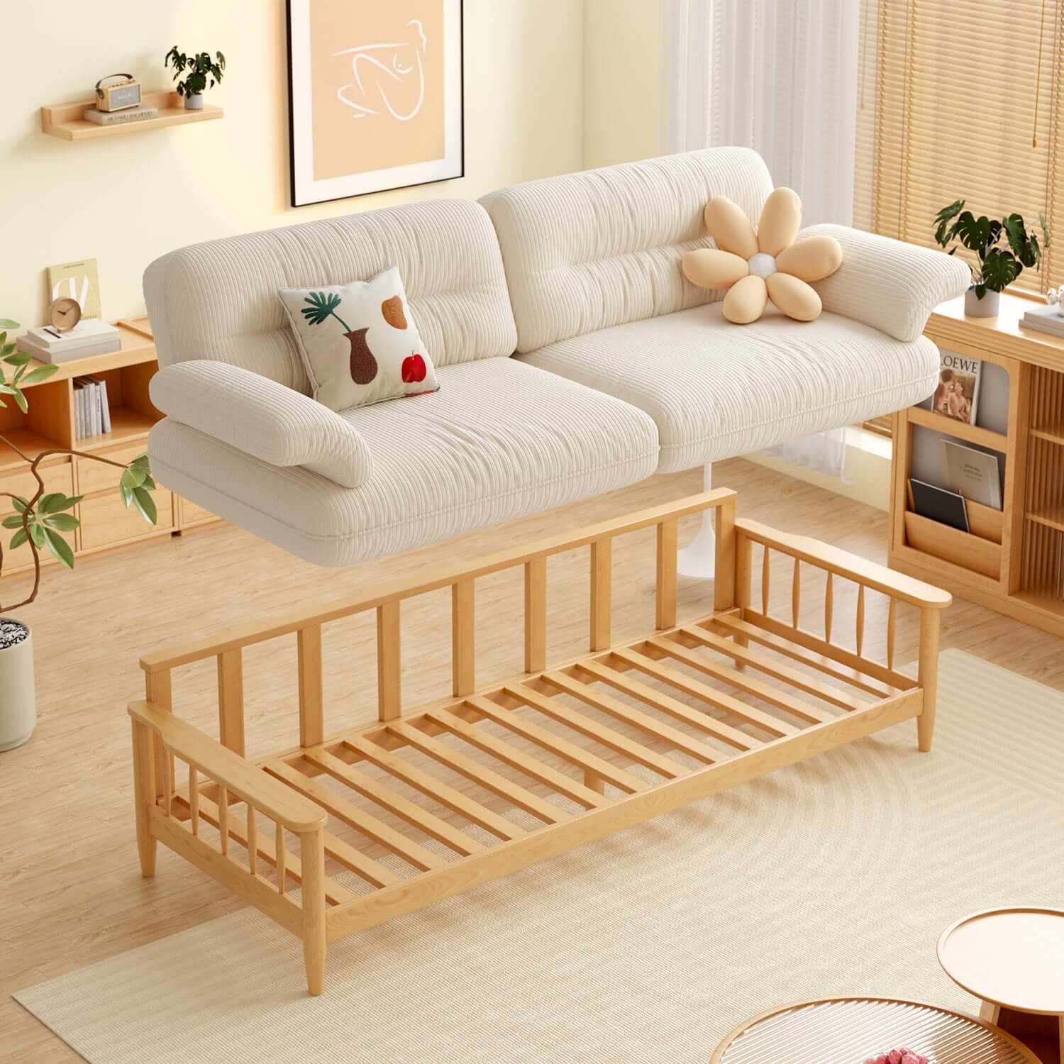 Hompkin Japandi Ash Wood Sofa with Corduroy or Linen Upholstery