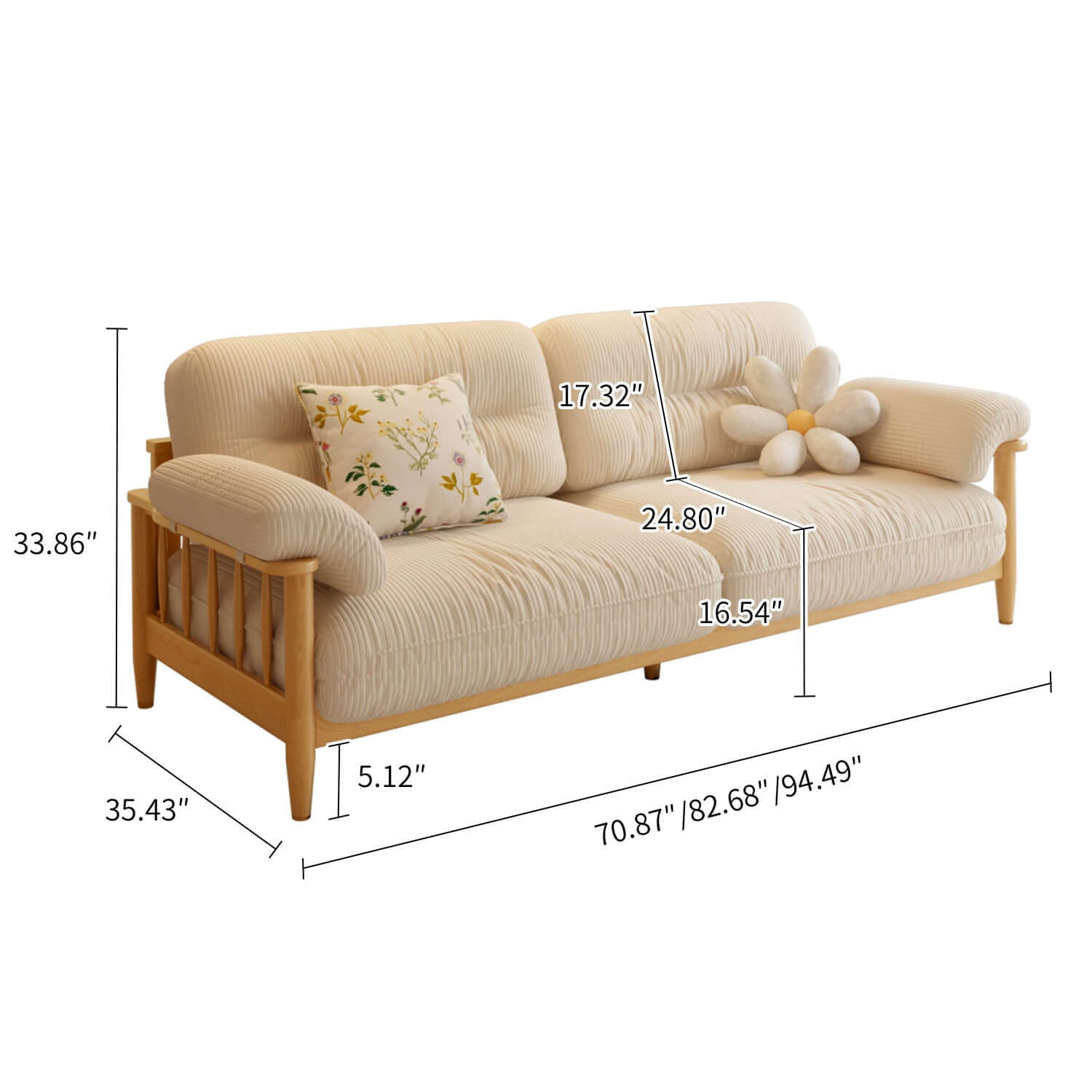 Hompkin Japandi Ash Wood Sofa with Corduroy or Linen Upholstery