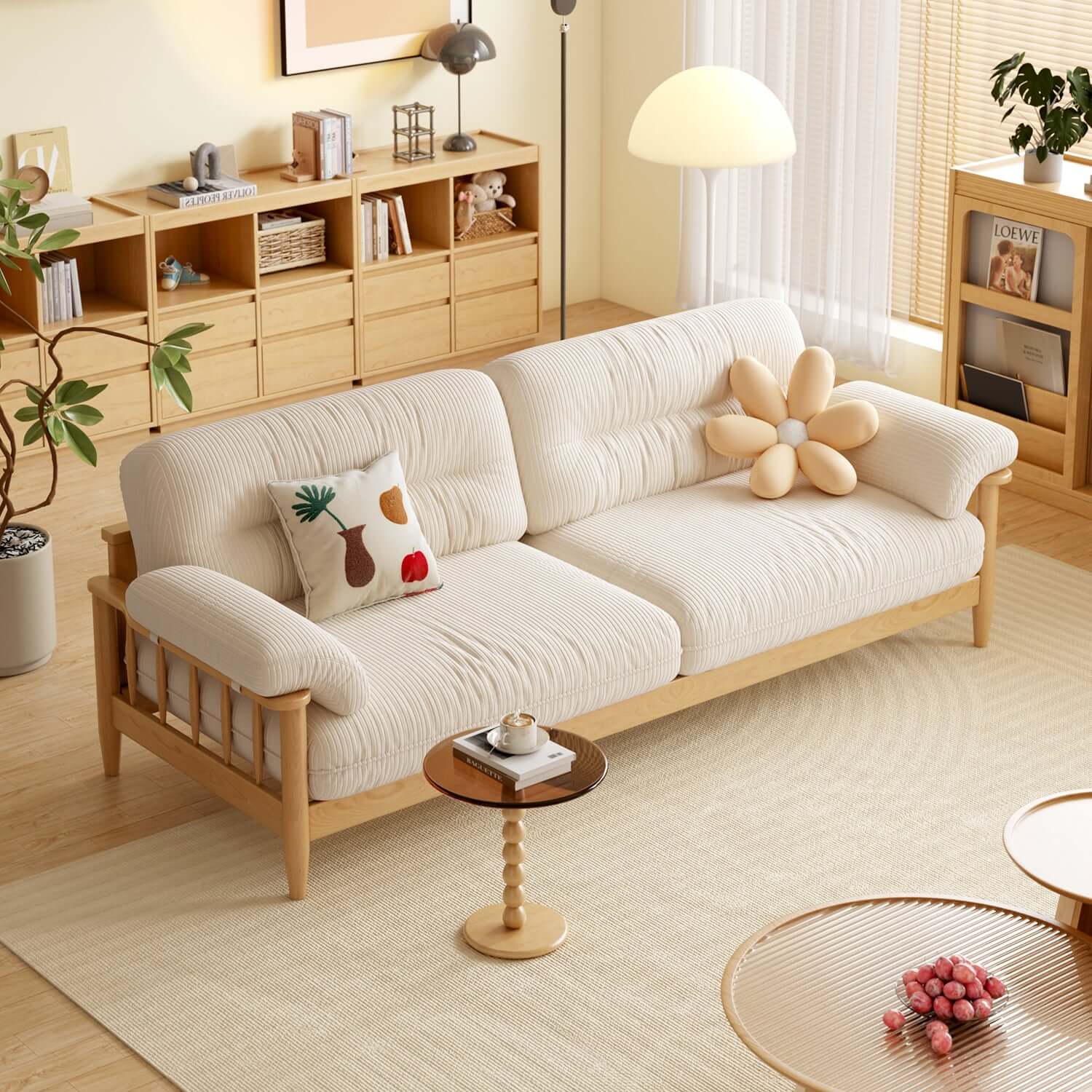 Hompkin Japandi Ash Wood Sofa with Corduroy or Linen Upholstery