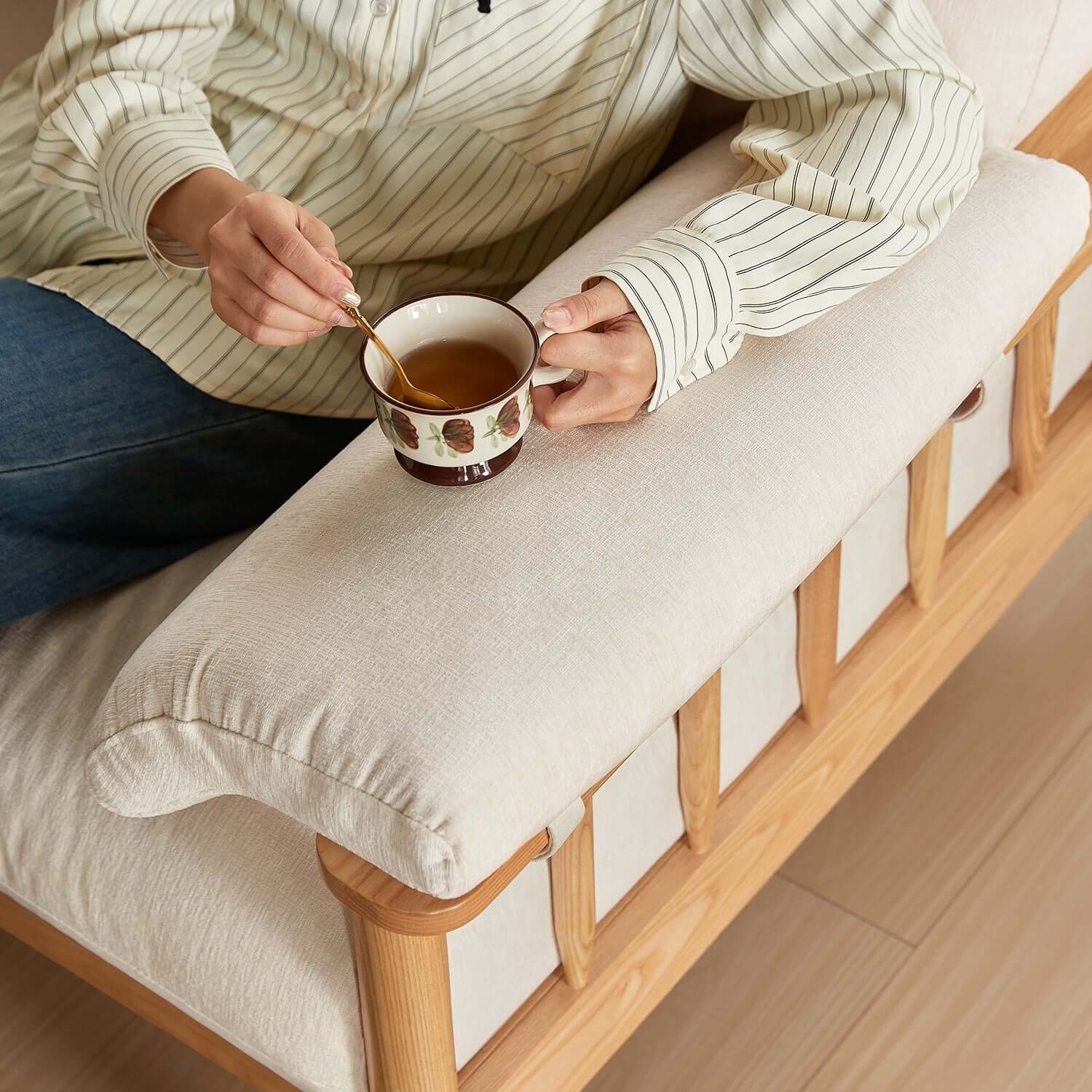 Hompkin Japandi Ash Wood Sofa with Corduroy or Linen Upholstery