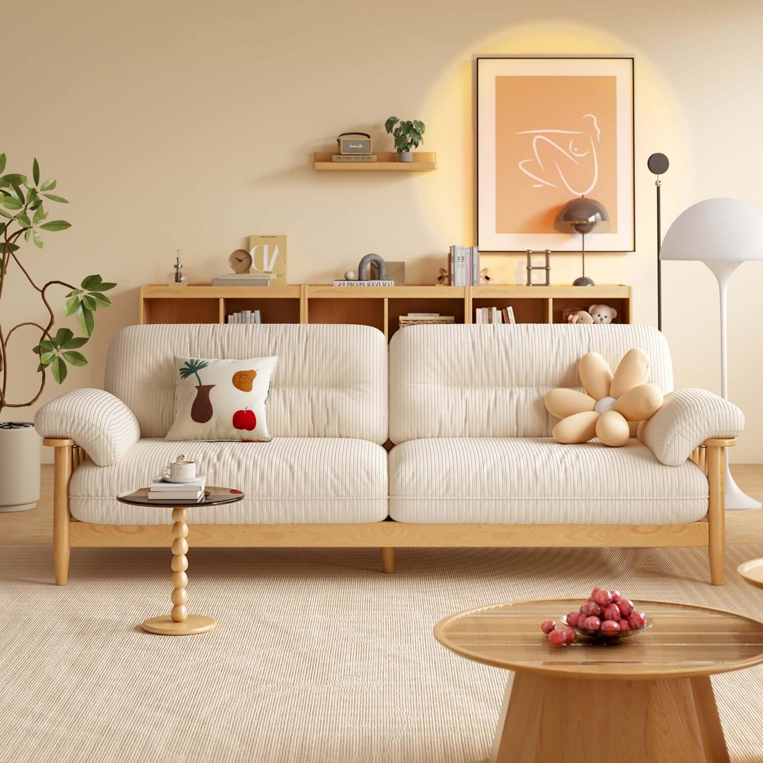 Hompkin Japandi Ash Wood Sofa with Corduroy or Linen Upholstery Main Product Image