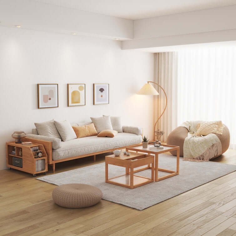 Hompkin Japandi Beige 3-Seat Fabric Sofa with Solid Wood Frame