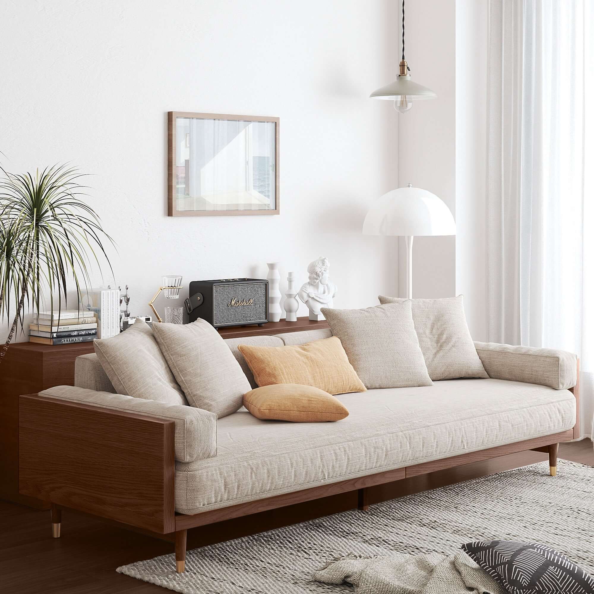 Hompkin Japandi Beige 3-Seat Fabric Sofa with Solid Wood Frame