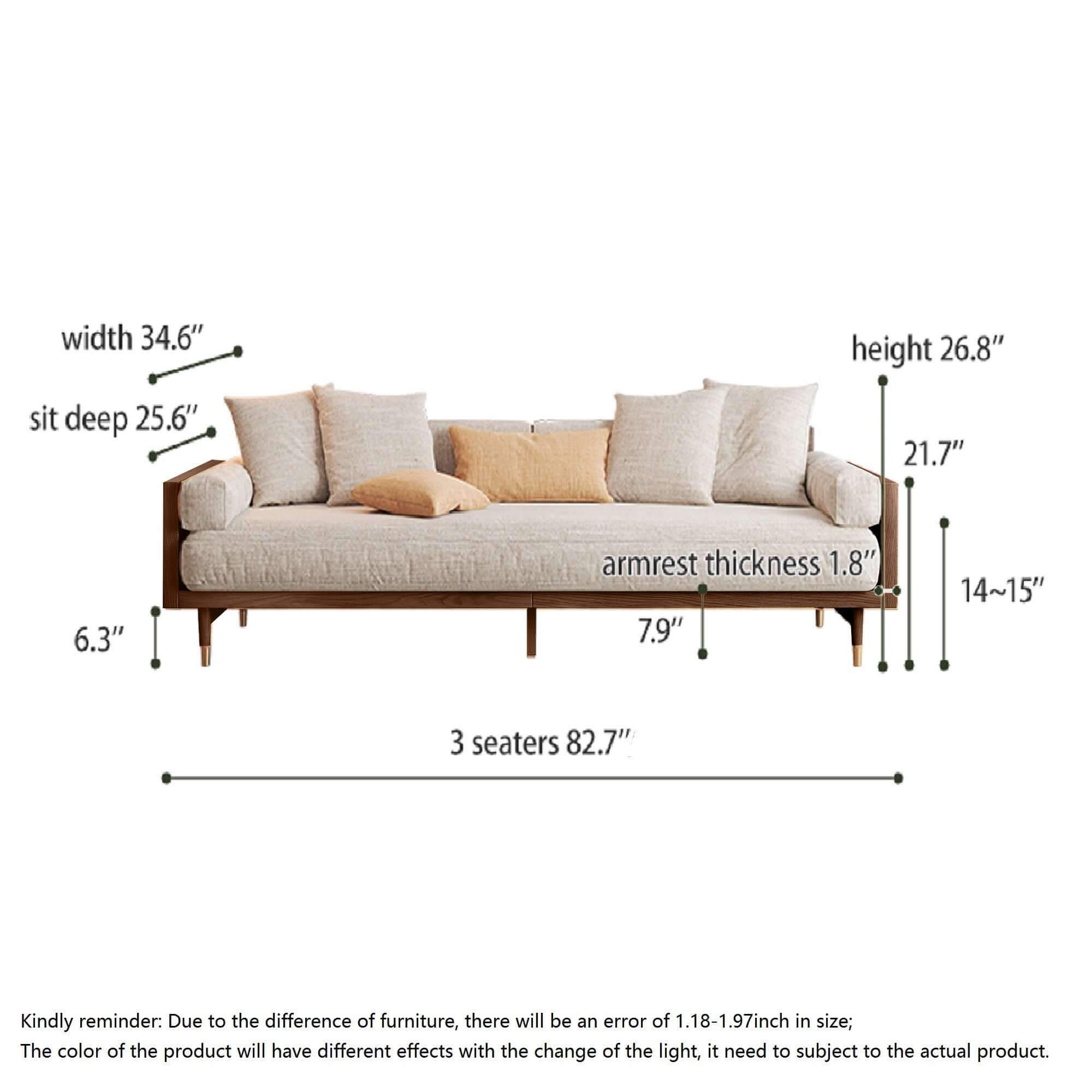 Hompkin Japandi Beige 3-Seat Fabric Sofa with Solid Wood Frame