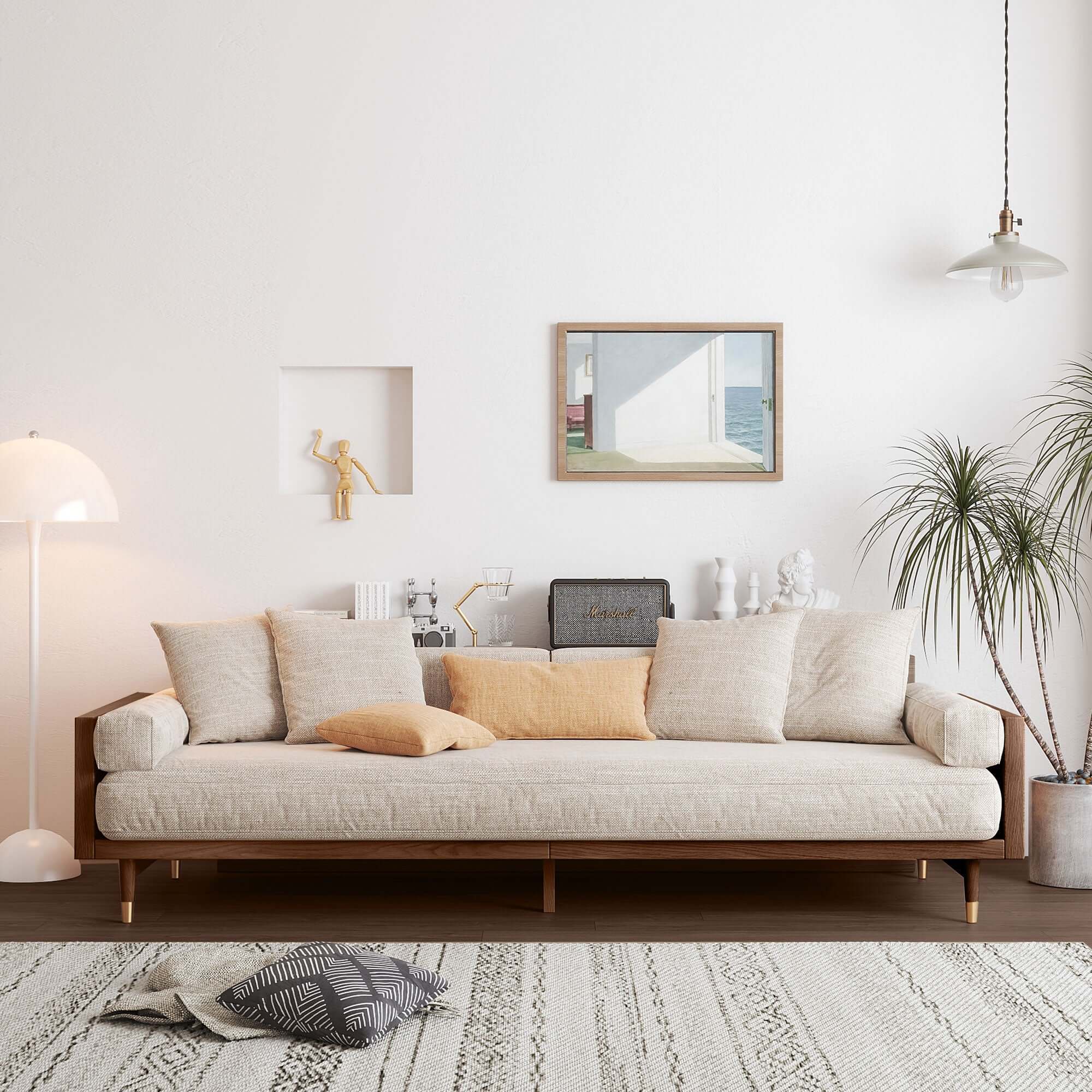 Hompkin Japandi Beige 3-Seat Fabric Sofa with Solid Wood Frame