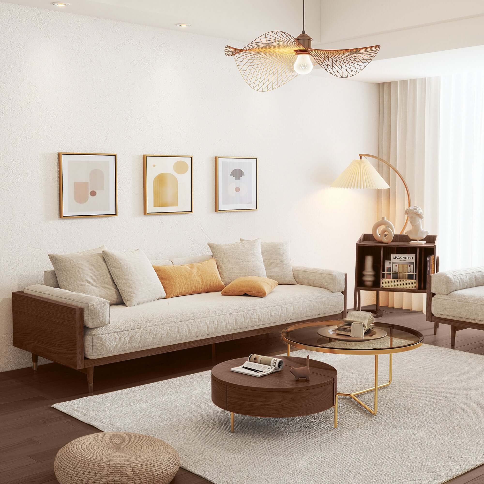 Hompkin Japandi Beige 3-Seat Fabric Sofa with Solid Wood Frame