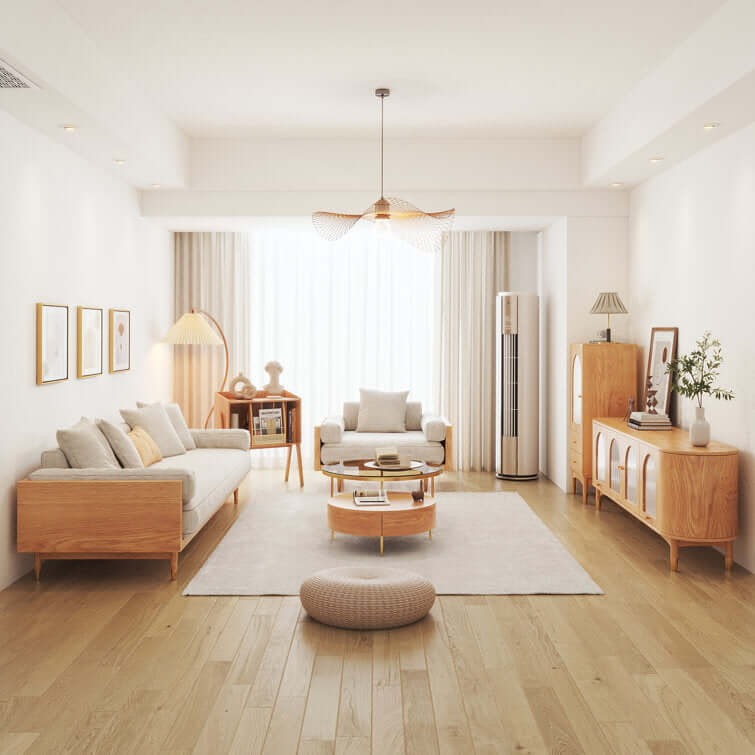 Hompkin Japandi Beige 3-Seat Fabric Sofa with Solid Wood Frame