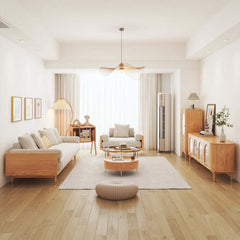 Hompkin Japandi Beige 3-Seat Fabric Sofa with Solid Wood Frame